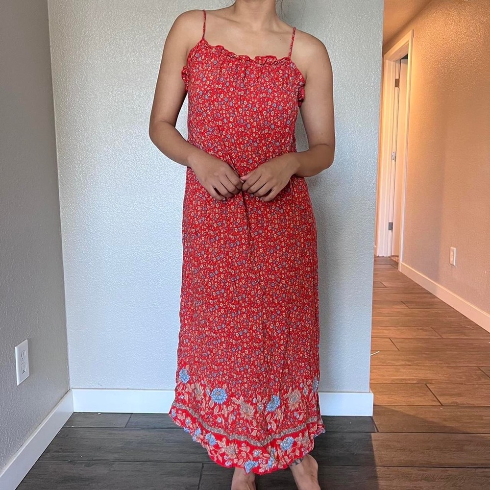 red floral maxi dress/sundress with blue trimming